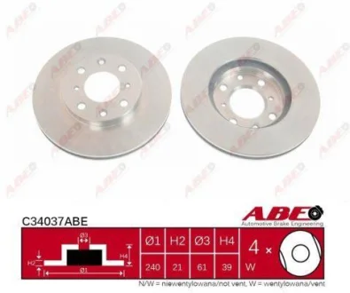 Диск гальмівний передн Лів/Прав HONDA CITY, CITY IV, JAZZ II, LOGO 1.2-1.5 03.99-10.08 ABE C34037ABE