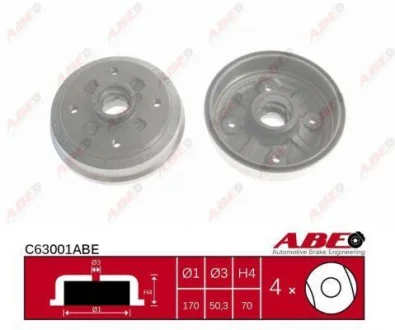 Гальмівний барабан задн KIA PRIDE MAZDA 121 I 1.1/1.3/1.5 10.87-09.01 ABE C63001ABE