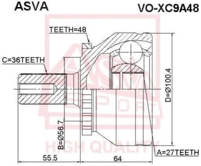 ШРУС ЗОВНІШНІЙ 27X56.7X36 (VOLVO XC90 2003-) ASVA VOXC9A48