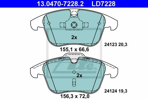 Керамічні гальмівні колодки передн, VOLVO S60 II, S80 II, V60 I, V70 III, XC70 II FORD GALAXY II, GALAXY MK II, MONDEO IV, S-MAX JAGUAR S-TYPE II, XF I, XF SPORTBRAKE 1.5-4.4 01.99-12.19 13.0470-7228.2 ATE 13047072282 (фото 1)