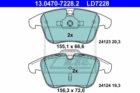 Керамічні гальмівні колодки передн, VOLVO S60 II, S80 II, V60 I, V70 III, XC70 II FORD GALAXY II, GALAXY MK II, MONDEO IV, S-MAX JAGUAR S-TYPE II, XF I, XF SPORTBRAKE 1.5-4.4 01.99-12.19 13.0470-7228.2 ATE 13047072282