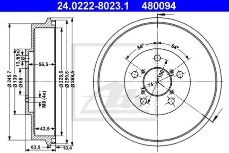 Гальмівний барабан задн SUBARU IMPREZA, LEGACY II 1.5-2.2 08.92-06.09 24.0222-8023.1 ATE 24022280231