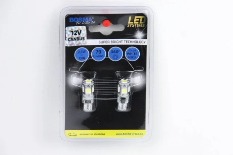 Автолампа T10 LED 12V 5XSMD 5050 LED WHITE DOUBLE POLARITY CANBUS (2 шт) Bosma 4199
