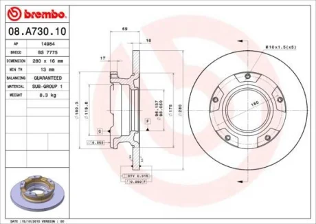 Гальмівний диск зад. Transit 06- (280x69mm) BREMBO 08.A730.10