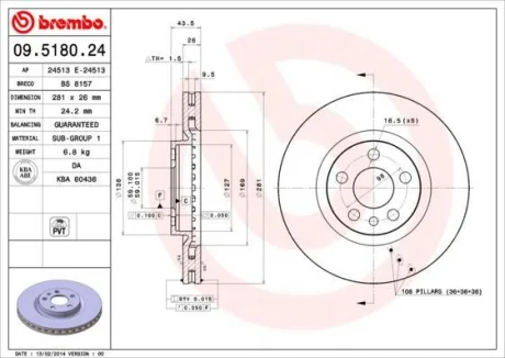 Гальмівний диск пер. Scudo 96- (281x26) BREMBO 09.5180.24