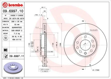Гальмівний диск пер./зад. Vectra 96- (288x25) BREMBO 09.6997.11