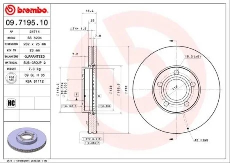 Гальмівний диск пер. Passat B5 96- (282x46mm) BREMBO 09.7195.10