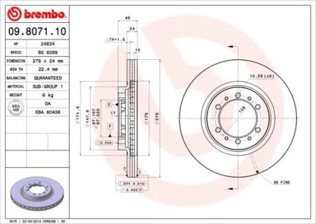Гальмівний диск пер. Pajero 90-/L200 83- (276x45mm) BREMBO 09.8071.10