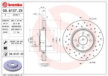Гальмівний диск пер. Dokker 13-/Megane II 03- (280x44mm) BREMBO 09.8137.2X