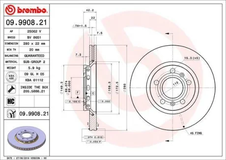 Гальмівний диск BREMBO 09.9908.21
