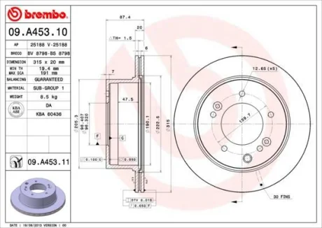 Гальмівний диск зад. Sorento 02- (315x88mm)(1шт/уп) BREMBO 09.A453.11