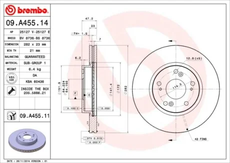 Гальмівний диск пер. Civic VIII/IX/X 06- (282x47mm) BREMBO 09.A455.11