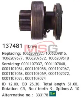 Бендикс стартера VAG/PSA/OPEL/VOLVO/SSANGYONG ="" CARGO 137481