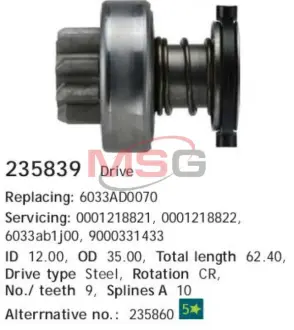 Бендикс стартера VW LT 28-46 "2,8" 97-06 ="" CARGO 235839