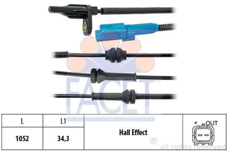 Датчик ABS Citroen C3 II, C-ELYSEE/ Peugeot 2008, 207, 208, 301 06- перед Л/Пр (21.0025) FACET 210025