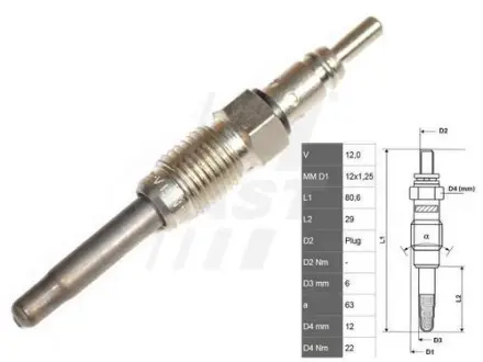 Свічка розжарювання FIAT Doblo 00-09, Punto 03-10, Bravo 95-01, Multipla 03-10; ALFA ROMEO 156 97-07, 166 98-07, 147 00-10, 145 96-01; LANCIA Lybra 99-05, Kappa 94-01 FAST FT82725