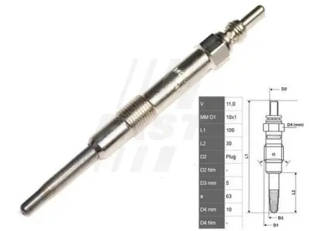 Свічка розжарення FIAT Doblo 00-09, Grande Punto 05-10, Punto 03-10, Stilo 01-10, Bravo 07-16, Croma 05-10, Multipla 03-10; OPEL Astra H 04-14, Vectra C 02-08, Zafira B 05-12, Signum 03-08; ALFA ROMEO 159 05-11, 147 00-10; SAAB 9-3 02-11 FAST FT82733