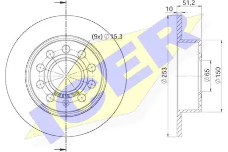 Диск гальмівний (задній) Audi A3/Seat Leon/Skoda Octavia/VW Golf 04- (253x10) (з покриттям) (повний) ICER 78BD5640-2