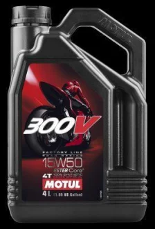 Олива для чотиритактних двигунів 300V Factory Line 15W50 4л >JASO MA2 Синтетична естерове 300VFL 15W50 4L MOTUL 104129