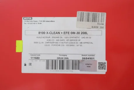 Масло 0W30 8100 X-clean+EFE (208L) (LL-04/VW 504 00/507 00/MB 229.52/Porsche C30) (111680) (поврежден при транспортировке) MOTUL DSC_853978