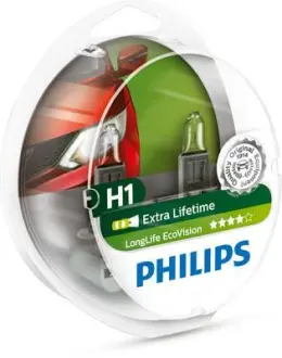 Автомобiльна лампа: 12 [В] (к-кт 2шт) H1 LongLife EcoVision 55W цоколь P14,5s Special PHILIPS 12258LLECOS2