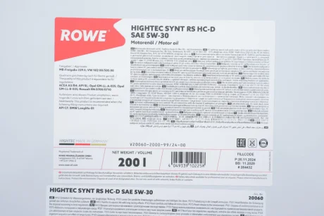 Олива 5W30 HIGHTEC SYNT RS HC-D (200L) (MB 229.5/VW 502 00/505 00/GM-LL-A-025/BMW LL-01) ROWE 20060-2000-99