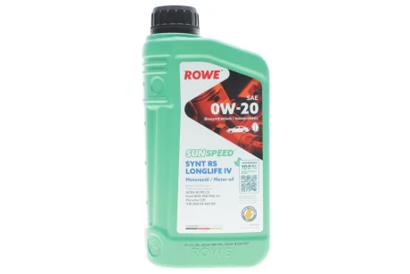Олива 0W20 SUNSPEED SYNTH RS LONGLIFE IV (1L) (Porsche C20/VW 508 00/509 00) (ACEA A1/B1/C5) ROWE 4920036-0010-99
