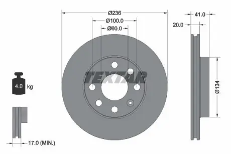 A_Диск гальмівний OPEL Astra/Corsa/Combo "F D=236mm "81->> ="" TEXTAR 92029603