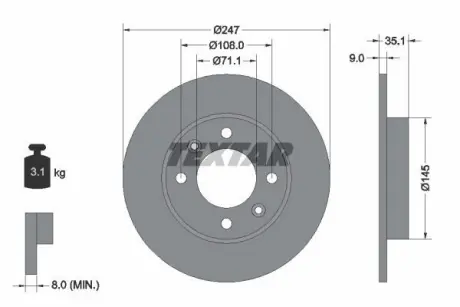 Диск гальмівний задн Лів/Прав CITROEN BERLINGO, BERLINGO/MINIVAN, C2, C2 ENTERPRISE, C3 I, C3 PLURIEL, C4, C4 I, XSARA PICASSO PEUGEOT 1007, 307, 307/KOMBI, PARTNER 1.1-2.0D 06.96- TEXTAR 92111703