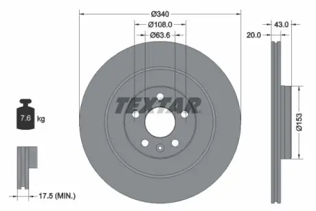 Диск гальмівний задн Лів/Прав VOLVO C40, EC40, EX40, XC40, XC90 II POLESTAR POLESTAR 2 2.0-Electric 09.14- TEXTAR 92304503