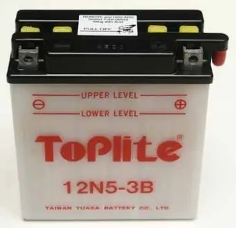 12V,5,3Ah,д. 121, ш. 61, в.131, объем 0,45, вес 2 кг, без электролитка CCA 39 TOPLITE 12N5-3B