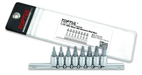 Набор насадок 8 шт, размер гнезда: 1/4", профиль: TORX, размер ключа для гнезда E-TORX: T10, T15, T20, T25, T27, T30, T40, T8, упаковка: рейка Toptul GAAG0808