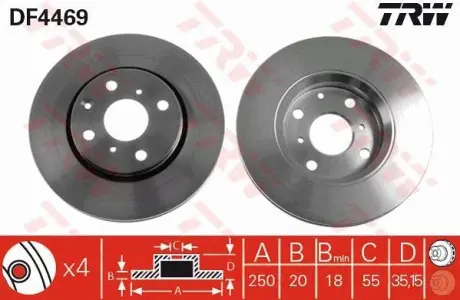 Диск гальмівний (1 шт.) CITROEN/PEUGEOT/TOYOTA C1/107/Aygo F "05>> ="" TRW DF4469
