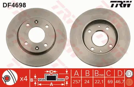 Диск гальмівний (1 шт.) HYUNDAI/KIA Elantra/Matrix/Sonata(YF)/Cerato "F D=257mm "00-15 ="" TRW DF4698