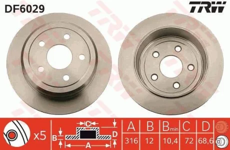 Диск гальмівний задн Лів/Прав JEEP WRANGLER III 2.8D/3.6/3.8 04.07- TRW DF6029
