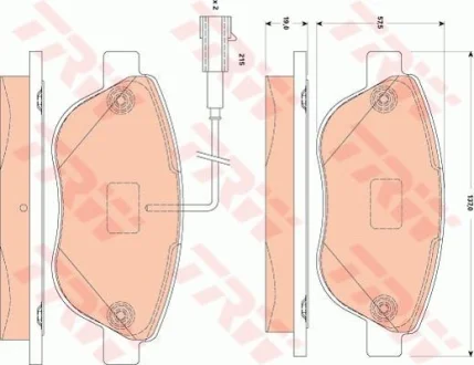 Комплект гальмівних колодок передн (з комплектуючими з гвинтами гальмівного супорта), ABARTH 500 / 595 / 695, 500C / 595C / 695C FIAT BRAVO, BRAVO II, DOBLO, DOBLO CARGO 1.3D-2.0D 04.99- TRW GDB1829