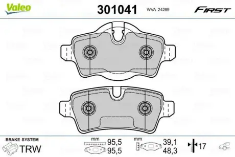 Гальмівні колодки дискові MINI Cooper/Clubman/Clubvan/Roadster "1,4-2,0 "R "06-15 ="" Valeo 301041
