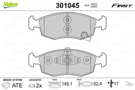 Гальмівні колодки дискові FIAT/LANCIA Panda/Ypsilon "0,9-1,3 "F "11>> ="" Valeo 301045