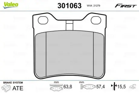 Гальмівні колодки дискові PEUGEOT 406/607 "1,8-3,0 "R "97-05 ="" Valeo 301063