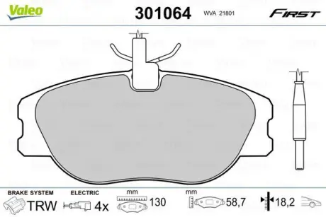 Гальмівні колодки дискові CITROEN/FIAT/LANCIA/PEUGEOT Jumpy/Scudo/806/Expert "1,6-2,1 "F "94-06 ="" Valeo 301064