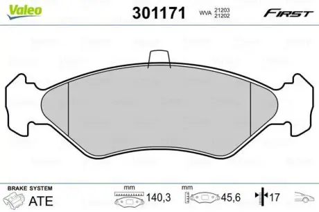 A_Гальмівні колодки дискові FORD Fiesta "1,0-1,8 "F "89-08 ="" Valeo 301171