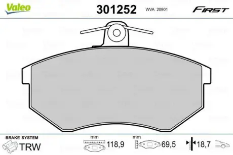 A_Гальмівні колодки дискові SEAT/VW Cordoba/Ibiza/Toledo/Caddy/Golf/Passat/Vento "1,4-2,9 "F "88-04 ="" Valeo 301252