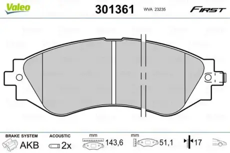 Гальмівні колодки дискові CHEVROLET/DAEWOO Epica/Lacetti/Nubira/Rezzo/Leganza "1,4-2,2 "F "97>> ="" Valeo 301361