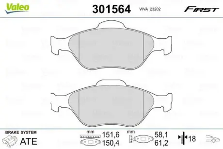 Гальмівні колодки дискові FORD/MAZDA Fiesta/Fusion/Ka/Puma/Street/121/2 "1,25-1,8 "F "95-12 ="" Valeo 301564