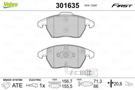 Гальмівні колодки дискові VAG A1/A3/TT/Fabia/Octavia/Caddy/CC/Golf/Jetta/Passat "1,0-3,6 "F "99>> ="" Valeo 301635