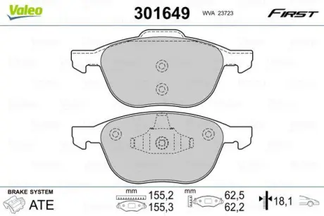 Гальмівні колодки дискові FORD/MAZDA/VOLVO Focus/Kuga/3/5/C30/C70/S40/V40/V50 "1,0-2,5 "F "03>> ="" Valeo 301649