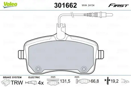 Гальмівні колодки дискові PEUGEOT 407 "1,6-2,0 "F "04>> ="" Valeo 301662