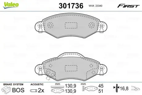 Гальмівні колодки дискові TOYOTA Yaris "1,0-1,4 "F "99-05 ="" Valeo 301736