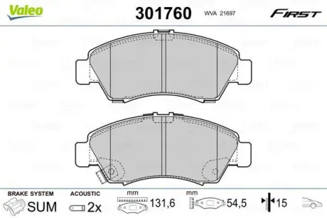 Гальмівні колодки дискові HONDA Civic/Jazz/Logo "1,2-1,6 "F "91-08 ="" Valeo 301760