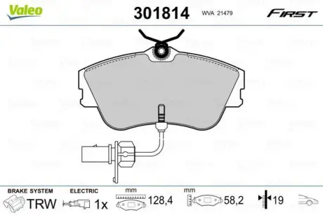 Гальмівні колодки дискові VW Transporter "1,9-2,5 "F "90-03 ="" Valeo 301814